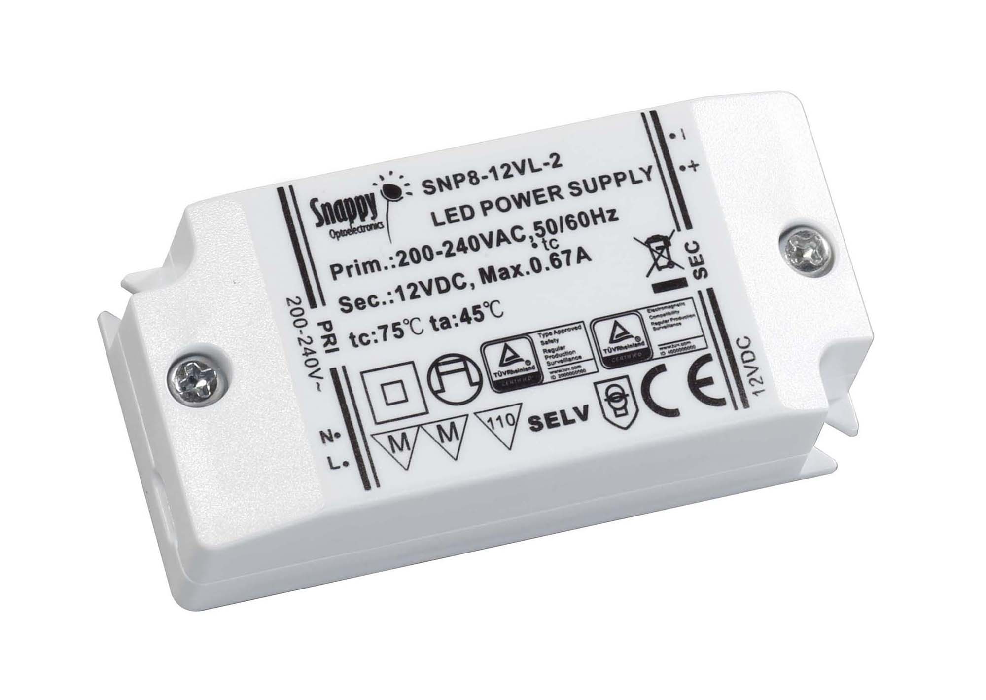 SNP8-12VL-2  8W Constant Voltage Non-Dimmable LED Driver 12VDC 0.67A IP20